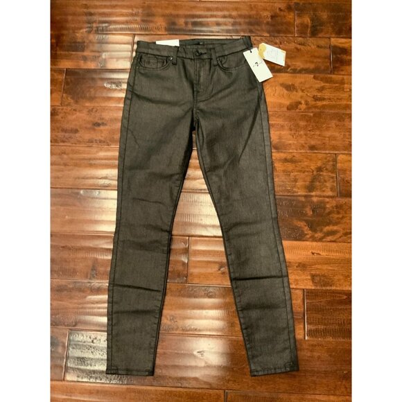 7 For all Mankind Black& Gold Metallic Coated The Ankle Skinny Jeans Sz 26 NWT